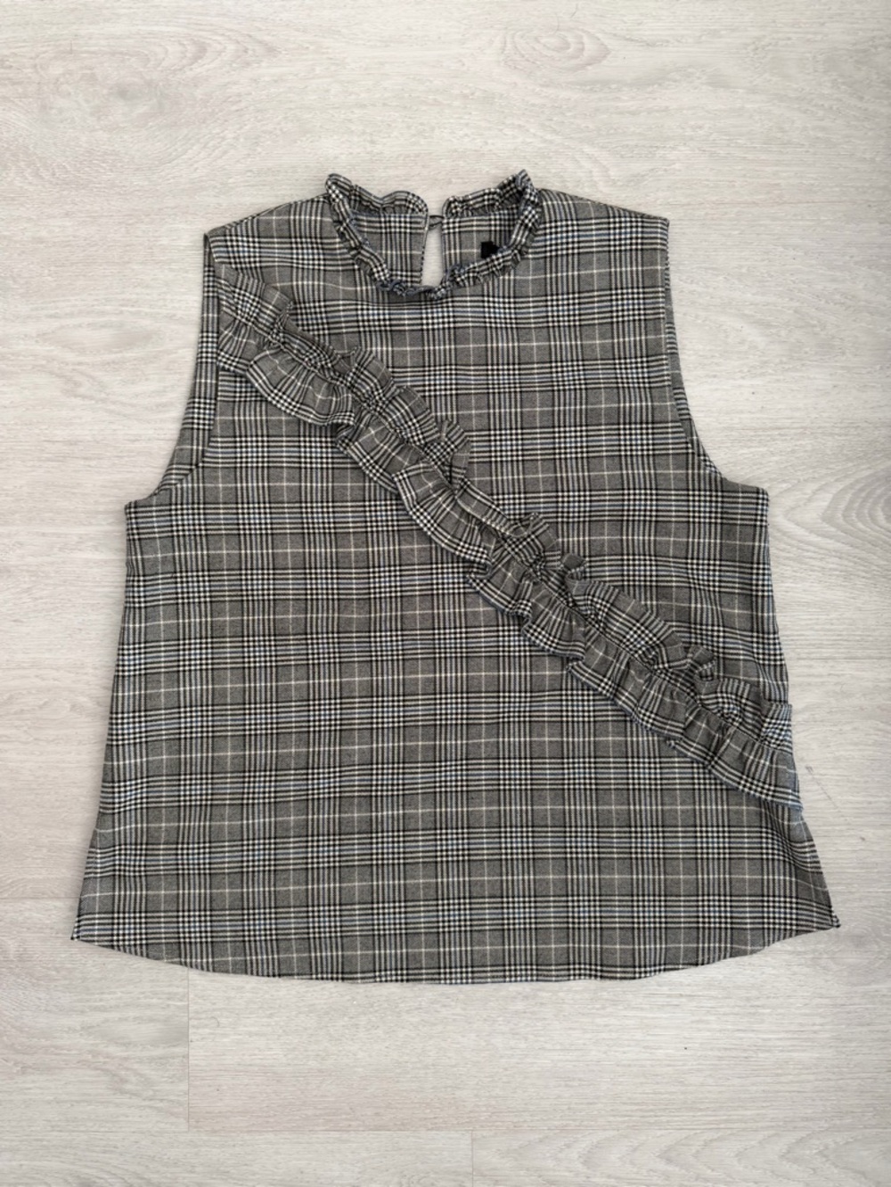 Zara Black and Gray Plaid Ruffle Sleeveless Top